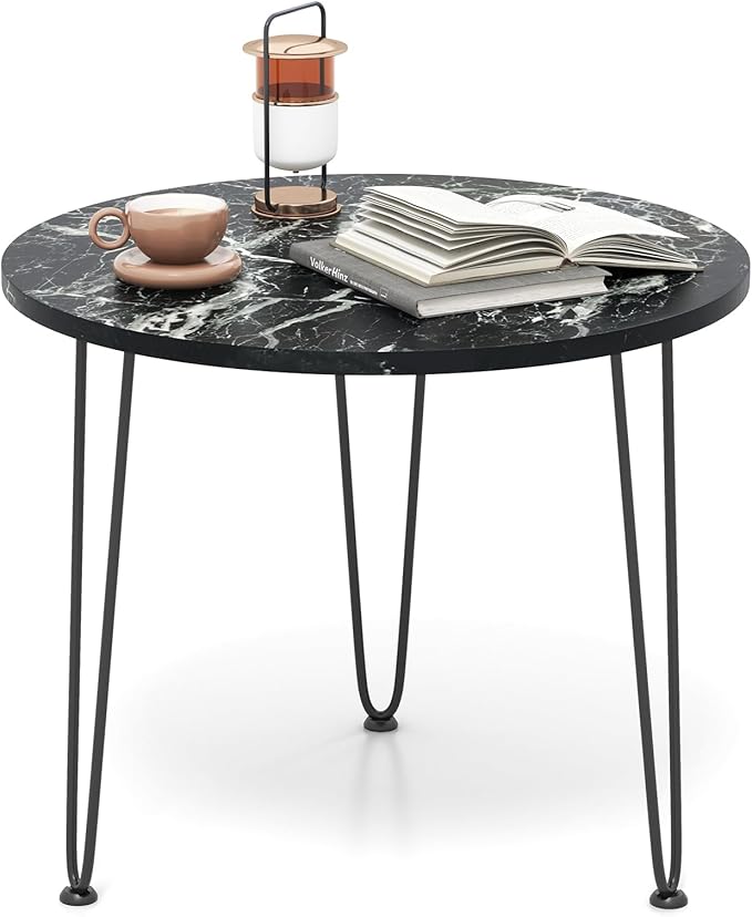 Giantex Round Coffee Table, Faux Marble Center Table with Metal Legs, Sofa Accent Side Table, Modren Coffee Tables for Living Room, Bedroom, Balcony, Small Space (Black)