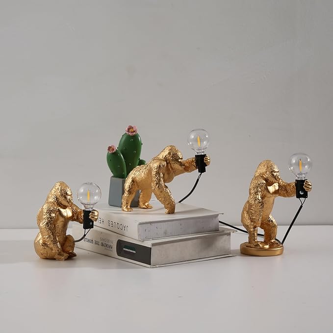 Resin Gorilla Table Lamp Gorilla Themed Animal Desk Lamp Art Monkey Night Light Lamp for Bedside,Living Room,Office Decor,AC 110V (Gold Standing)