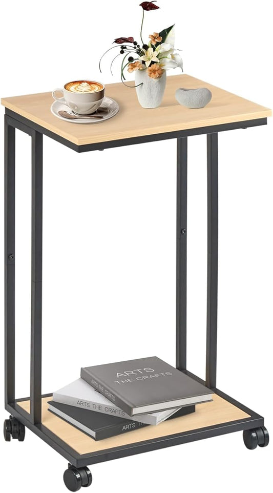 C-Shaped End Table for Couch, Slide Under Sofa Snack Table, Small TV Tray, C Table with Wheels, Laptop Desk for Living Room, Bedroom, Small Spaces,White Maple