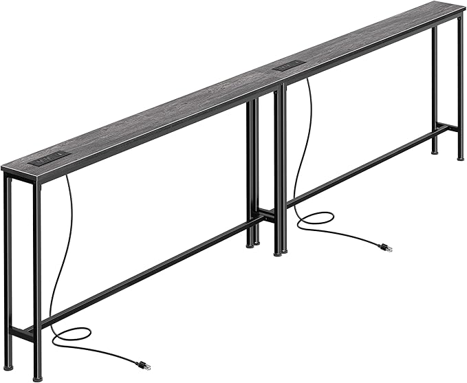 SUPERJARE 102.4 Inch Sofa Table with Power Outlets and USB-C Ports, 5.9 Inch Narrow Console Tables, Entryway Hallway Couch Tables with Storage, Behind Sofa, Small Spaces, Living Room, Grey