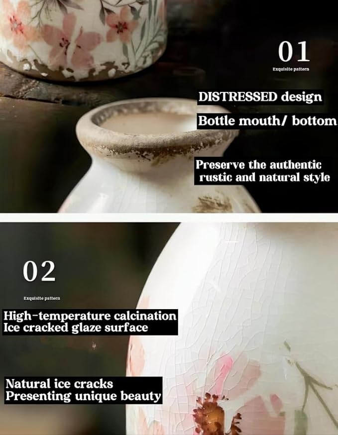 Vintage Flora Ceramic Vase Set, Retro Rustic Cute Vase Gift, Art Decorative Vase for Your Home, Kitchen, Bedroom, Office, Living Room, Bathroom, & Shelf Centerpiece Table Decorations