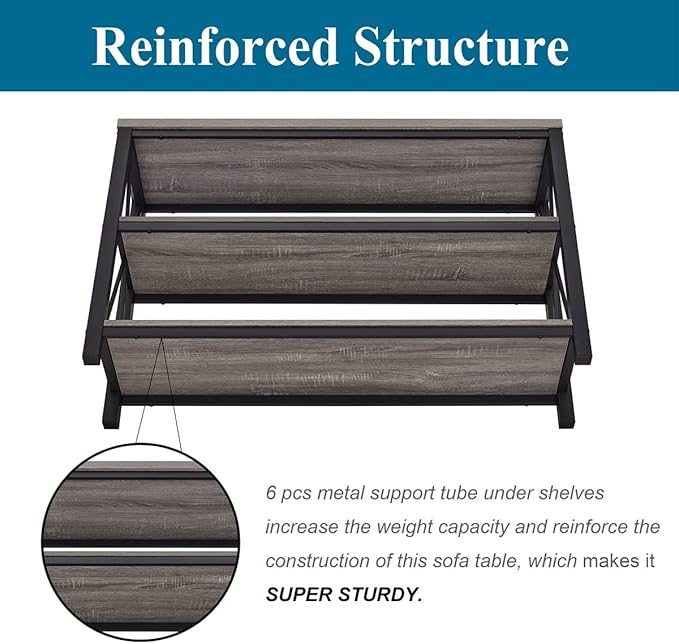 BON AUGURE Rustic Sofa Table Behind Couch, Industrial Console Tables for Entryway, 3 Tier Wood Shelves Entry Table with Storage for Foyer, Hallway, Front Door (47 Inch, Dark Grey Oak)