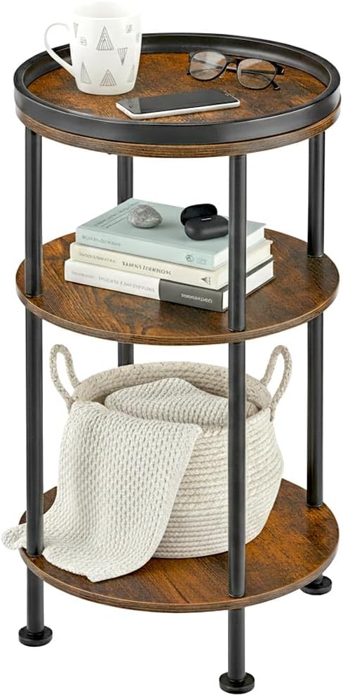 Small Round Side Table with Tray Top (Patented Design), 11.8" Narrow End Table for Small Spaces, 3-Tier Industrial Nightstand, Original Rustic Accent Furniture for Living Room Bedroom, Rustic Brown