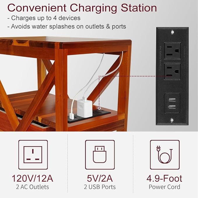 Fully Assembled Narrow Side Table with Charging Station, No Assembly Narrow Nightstand with USB Ports, Pre Assembled Skinny End Table with Outlets for Living Room, Bedroom-Golden Koa