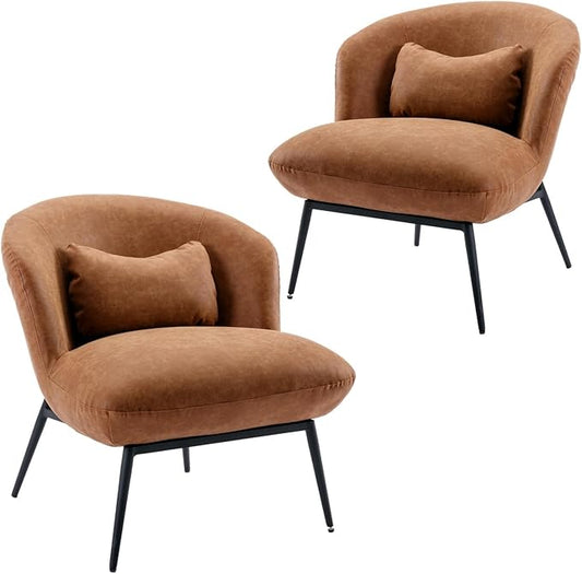 DUOMAY Modern Accent Chairs Set of 2, PU Upholstered Leisure Chair Single Sofa Chair Lounge Chair with Lumbar Pillow Metal Legs Slipper Chair for Living Room Bedroom Office, Brown