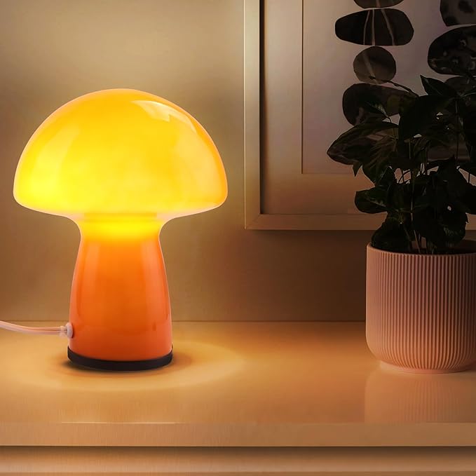 Flame Red Mushroom lamp,Glass Mushroom Bedside Table Lamp Translucent Vintage Style Small Nightstand Desklamp for Home Decor, Dining, Living, Bedroom, Gift（3-Color Bulbs Included）