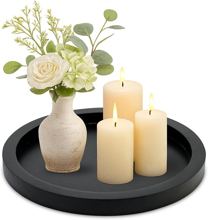 Round Decorative Tray for Coffee Dining Table Countertop Small Wooden Serving Trays Farmhouse Kitchen Home Living Room Decor and Bathroom Accessories Tray Black Rustic Wood Candle Centerpiece Trays