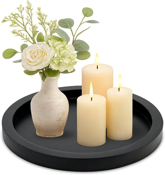 Round Decorative Tray for Coffee Dining Table Countertop Small Wooden Serving Trays Farmhouse Kitchen Home Living Room Decor and Bathroom Accessories Tray Black Rustic Wood Candle Centerpiece Trays