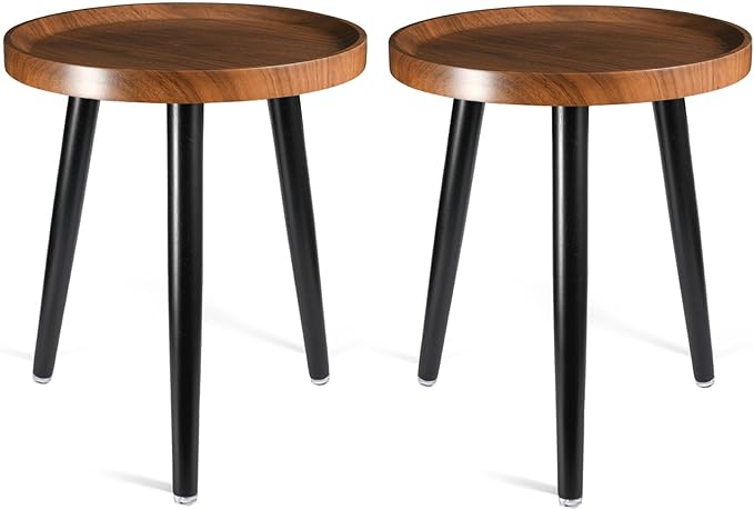 Indoor Plant Stand,Wood Mid Century Plant Table in Walnut Finish,Tall Plant Stand for Flower Pot,Modern Round Small Side End Table with Raised Design (Walnut, 15.75"x18" 2 Pack)