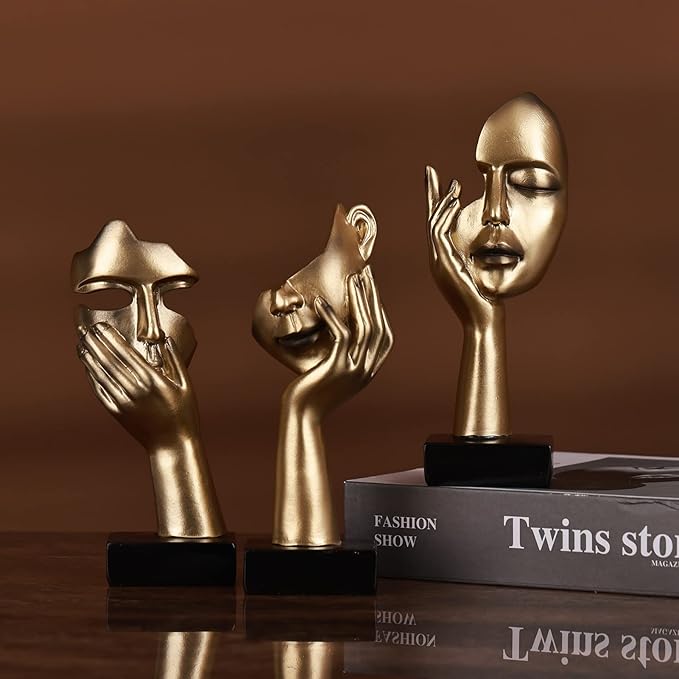 3 Pcs Thinker Small Statue Set - Black Gold Home Decor Abstract Art Figurines for Shelves, Living Room Coffee Table, Office Desktop (3 Pcs Gold, 6")