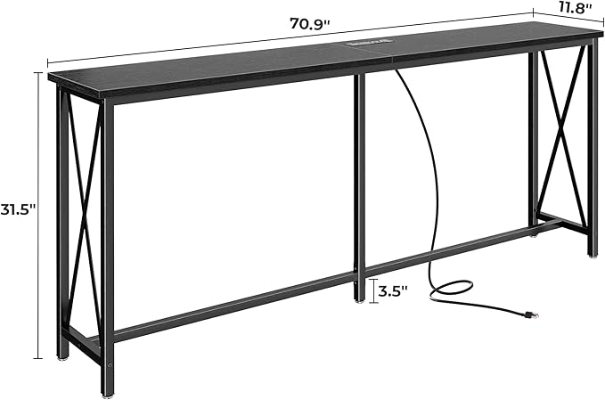 SUPERJARE 70 Inch Console Table with Outlets and USB-C Port, Extra Long Behind Couch Sofa Table with X-Shaped Design, Narrow for Entryway, Living Room, Metal Frame, Wooden Top, Black