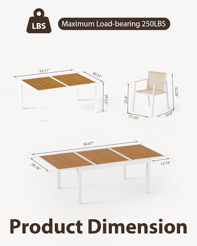 ZANDOR Expandable Outdoor Dining Set for 4-6-8,Patio Table and Chairs Set with Wood Top for Garden,Backyard,Porch,55"-82.7" Extendable Aluminum Outdoor Table Set with 4 Chairs,White