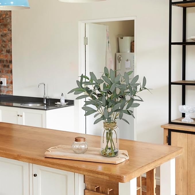 DILATATA Artificial Olive Stems in Glass Vase with Faux Water and Real Stones 15" Fake Greenery Plant Olive Leaves for Home Office Farmhouse Bathroom Bedroom Kitchen Table Centerpiece Decor