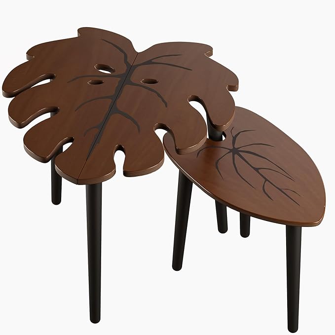 BAMEOS Monstera Leaf Nesting Tables Set of 2, Small Coffee Table Set with Leaf Vein Pattern, Modern Wooden Side Tables for Living Room Bedroom Apartment Balcony Yard