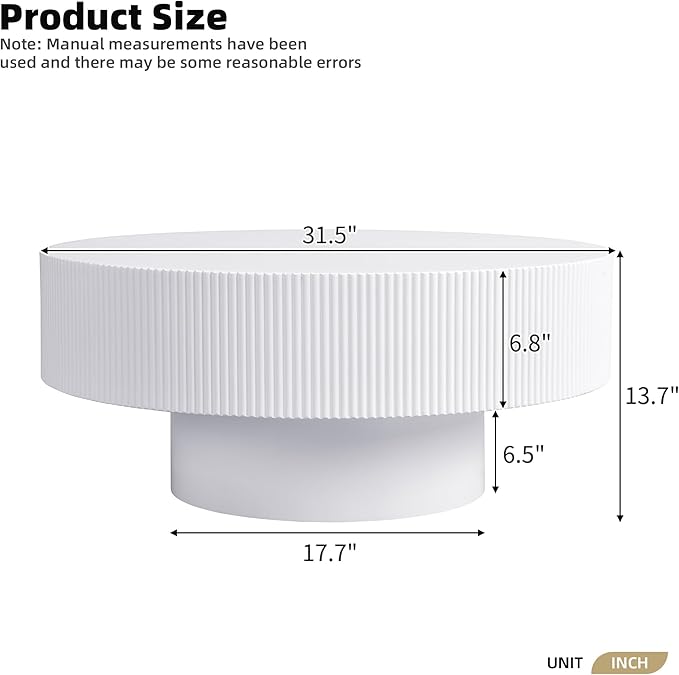 31.5" Round Coffee Table Modern Wooden Coffee Tables for Living Room White Circle Drum Coffee Table with Sturdy Pedesta Circular Fluted Center Table for Apartment Living Room