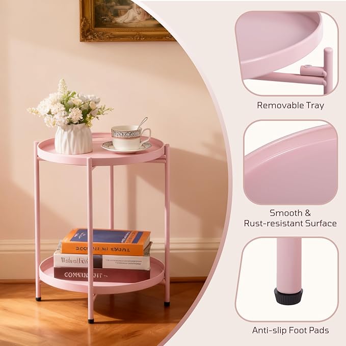 HollyHOME 2-Tier Round Side Table, Outdoor Small Folding Accent Stand with Removable Tray, Anti-Rust Metal Asional Table for Balcony Patio Living Room, Nightstand for Bedroom(Pink)