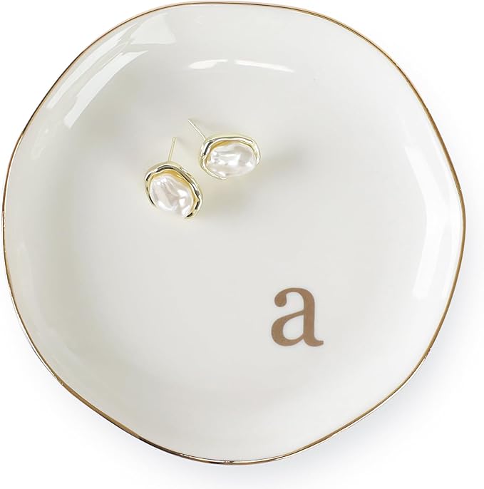 HOME SMILE Initials Ring Dish Jewery Tray with Personalized A-Monogrammed Engagement Wedding Gifts for Friends,Sister,Birthday Christmas Gifts for Women,Ceramic White