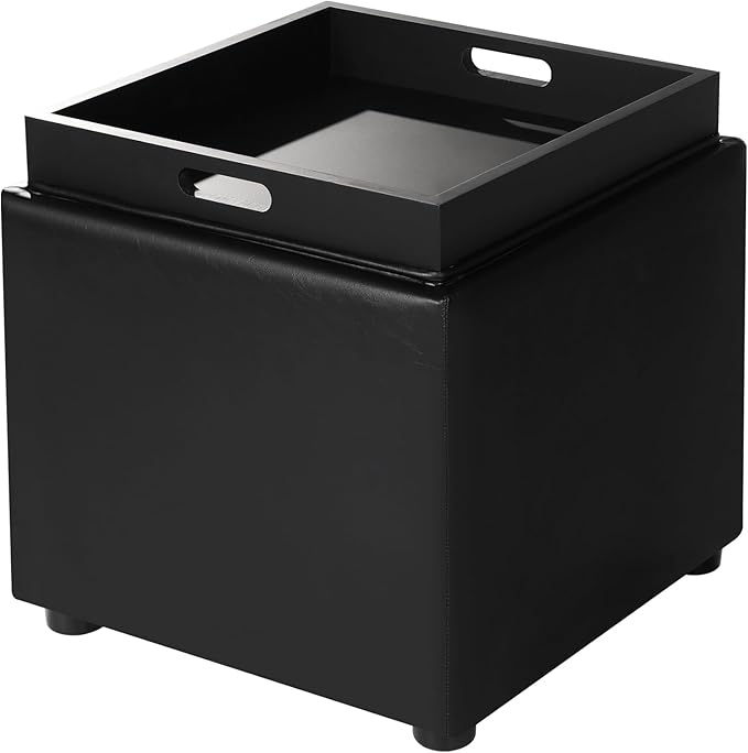 Adeco 17" Black Storage Ottoman Cube with Tray Lid, Small Footstool with Storage, Square End Table for Living Room & Bedroom
