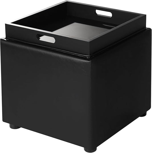 Adeco 17" Black Storage Ottoman Cube with Tray Lid, Small Footstool with Storage, Square End Table for Living Room & Bedroom