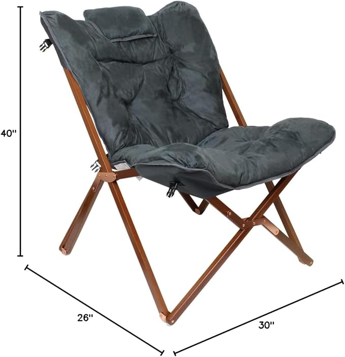 Zenithen Portable Foldable Indoor Wood Butterfly Folding Accent Chair, Perfect for Dorm Rooms, Bedrooms, and Living Rooms, Use for Lounging, Reading, Studying, and Gaming, Gray