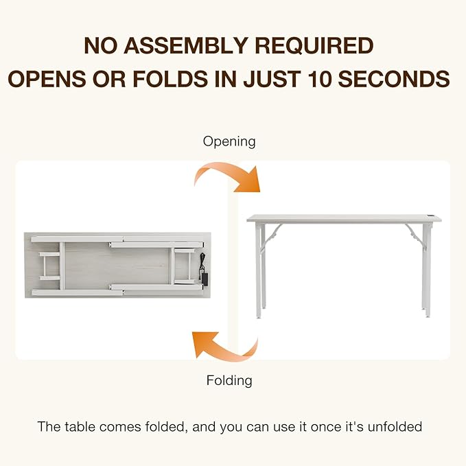 TEMI Long Computer Desk Folding Table - No Assembly, Compact 55.1" Foldable Desk with Power Outlets & USB Charging Port, Portable Lagre Office Desk, Ideal Large Study Table for Narrow Spaces,White Ash