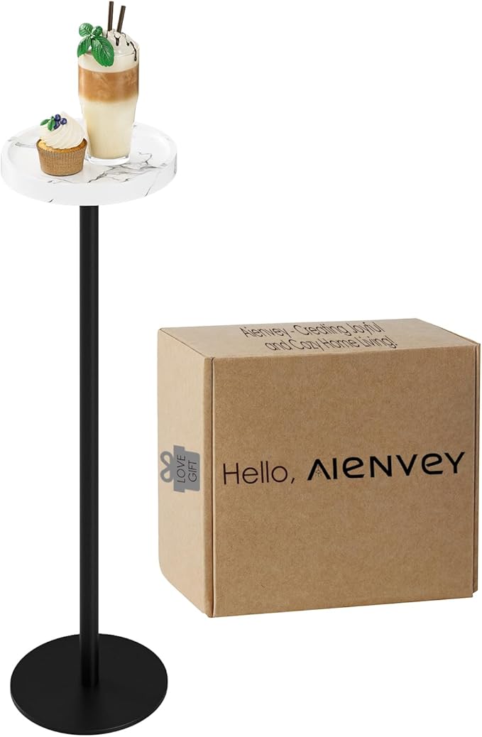 Drink Table, Small Pedestal Side Table, Round Cocktail Table, Circle Accent End Table with Metal Base, for Small Spaces (1, White Marble)