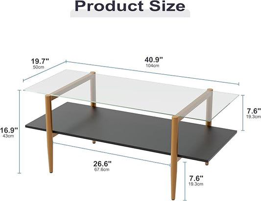 Glass Coffee Table, Rectangle Living Room Center Table with Golden Legs, Mid-Century Modern Accent Tables with Open Shelf for Living Room, Office, Black