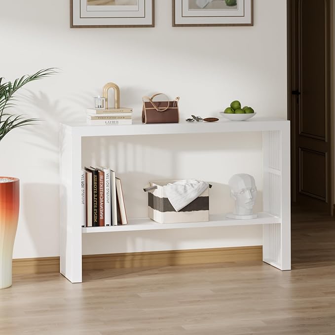 Bamboo 47.2" Narrow Console Table, 2-Tier Farmhouse Side Table, Rectangular Entryway Table, Modern Sofa Table Behind Couch with Storage Shelves for Entrance, Living Room, Hallway, Foyer (White)