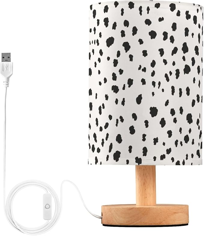 Table Lamp Dalmatian Pattern Animal Skin Print Nightstand Lamp with Wood Base Fabric Lamp Shade Bedside Desk Lamp for Living Room Bedroom Kids Room Office