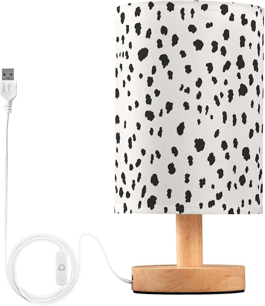 Table Lamp Dalmatian Pattern Animal Skin Print Nightstand Lamp with Wood Base Fabric Lamp Shade Bedside Desk Lamp for Living Room Bedroom Kids Room Office