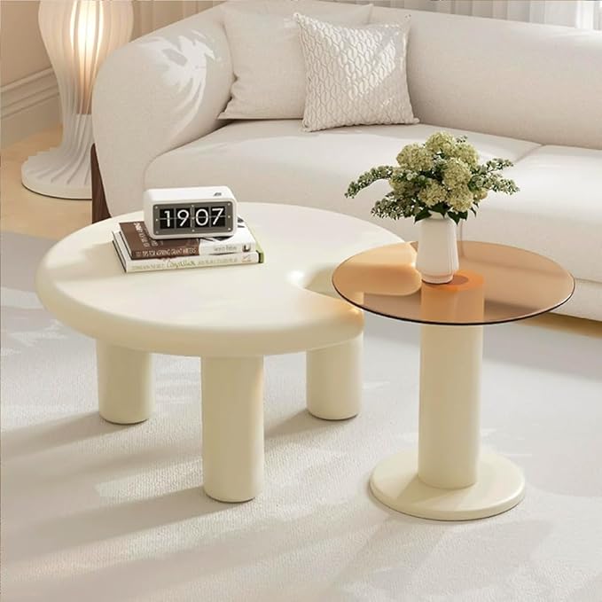 Cloud Coffee Table Cute Nesting Coffee Tables Set of 2 Irregular Coffee Table with Glass Top, Modern Small Coffee Tables End Tables Set Center Table White & Brown