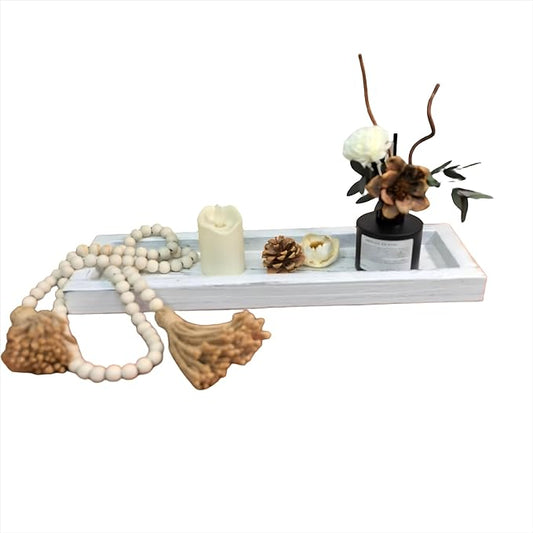 Rustic Decorative Wooden Candle Holder 16.93 Inch Rectangular Wooden Tray Vintage Candle Display Tray for Farmhouse Coffee Table Serving Fruits Snacks Pastries Home Decor (Make Old White)