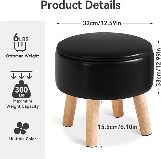 IBUYKE 13 Inch Foot Stool Ottoman with Storage, Round Small Foot Rest with Padded Seat and Wood Legs, PU Faux Leather Mini Footstool for Living Room Couch Bedroom Entryway, Black WBD023B