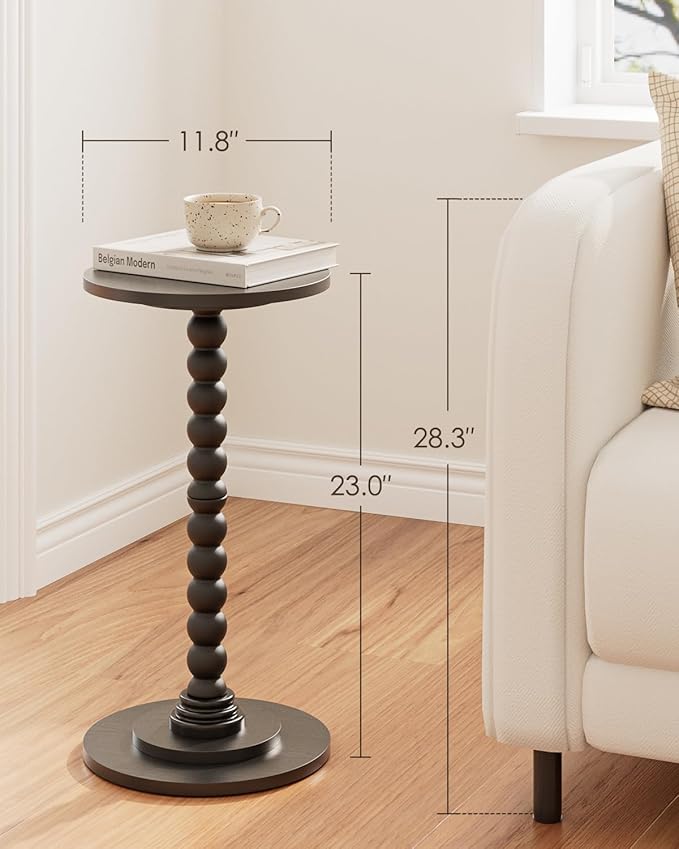 Masupu Round Side Table, Small End Table for Small Spaces, Pedestal Drink Table with Solid Wood Leg for Living Room, Bedroom, Corners(Black)