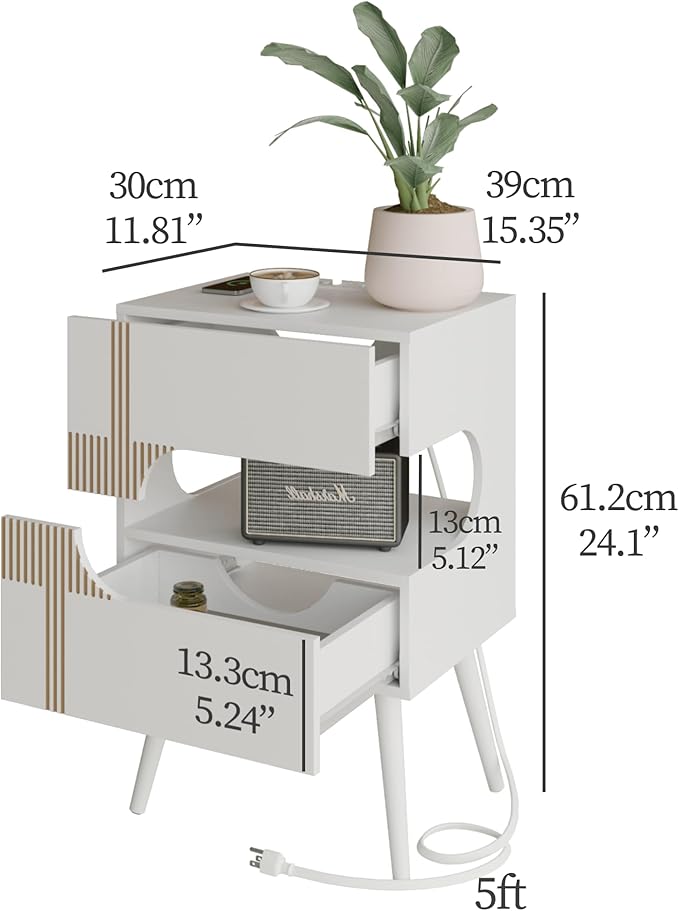 White Nightstand with Charging Station and LED Lights,Modern Bedside Table with 2 Storage Drawer,Night Stand with Solid Wood Legs,White (White-2)