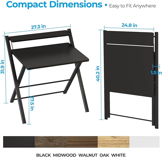 GreenForest No Assembly Folding Desk, 2-Tier Compact Computer Desk with Shelf, Space Saving Foldable Table for Home Office, Dorm or Apartment, Portable Collapsible Sturdy Laptop Desk, Black