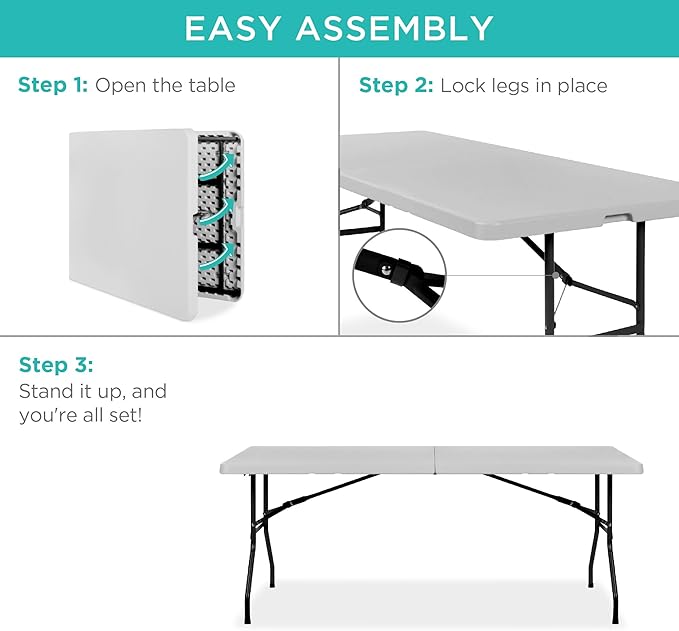 Best Choice Products 6ft Plastic Folding Table, Indoor Outdoor Heavy Duty Portable w/Handle, Lock for Picnic, Party, Camping - Light Gray