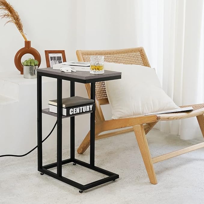 Yoobure C Shaped End Table with Charging Station, Small Side Table for Living Room, Bedroom, Sofa with USB Ports and Outlets for Small Spaces, C Couch Rustic Snack Bed Side Table