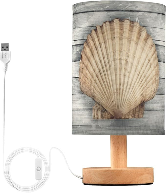 Table Lamp Nautical Seashell Marine Sea Life Scallop Shell Old Vintage Wooden Nightstand Lamp with Wood Base Fabric Lamp Shade Bedside Desk Lamp for Living Room Bedroom Kids Room Office