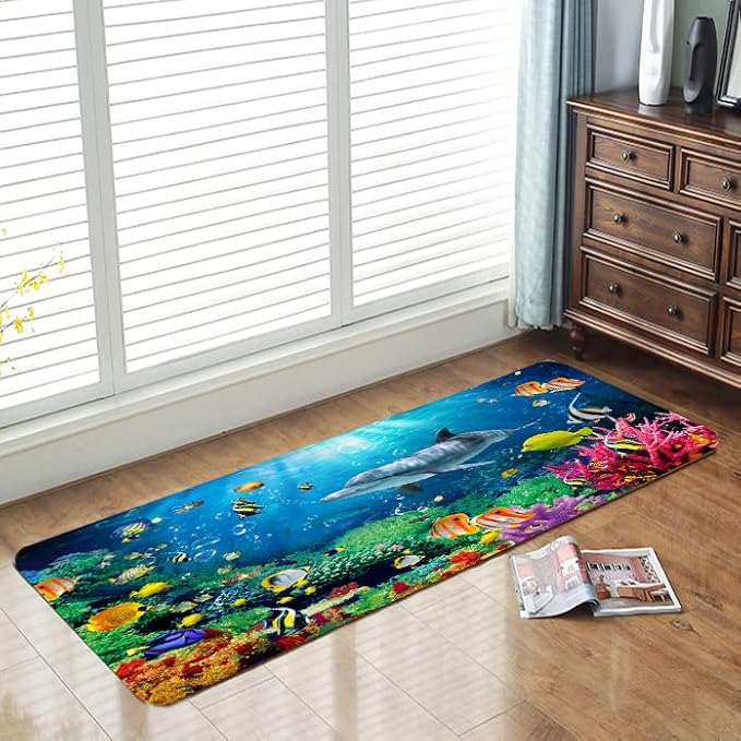 Bath mats in Bathroom and Kitchen Sponge Foam Carpet absorbs Soft (71 x 24 inches), Flange mats in Bedside and Living Room are Non Slip and Bright 3D Printing (Dolphin Underwater World)