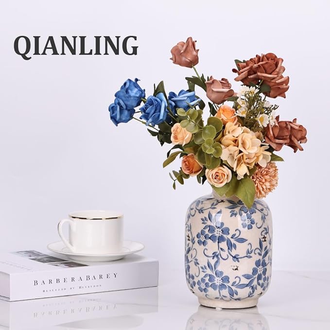 Chinoiserie Vase - 7.9" Tall Chinoiserie Decor Ice Crackle Vintage Blue and White Floral Vase, Farmhouse Country Home Decor, Living Room, Dining Table, Fireplace and Entryway Decor Centerpieces