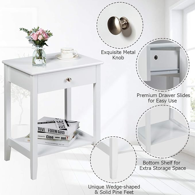 Giantex Nightstand Wooden 2-Tier Couch Sofa Side Table with Drawer, Storage Shelf, Solid Wood Legs,Mufti-Functional Home Furniture for Living Room Bedroom Study Room End Table (1, White)