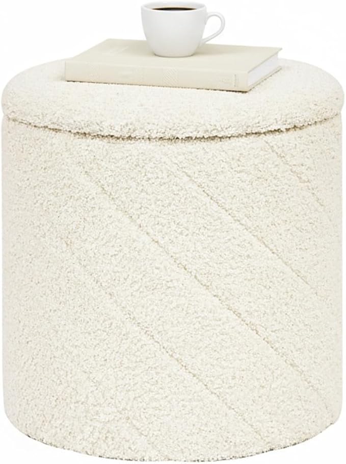 B FSOBEIIALEO Ottoman with Stroage, Boucle Round Storage Ottoman with Tray, Foot Rest Stool for Dorm Room, Living Room White, 12.99"x12.99"x13.78"