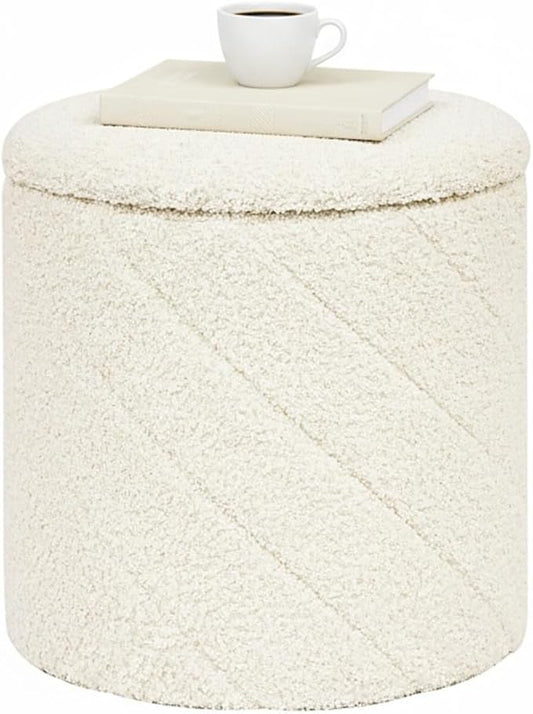 B FSOBEIIALEO Ottoman with Stroage, Boucle Round Storage Ottoman with Tray, Foot Rest Stool for Dorm Room, Living Room White, 12.99"x12.99"x13.78"