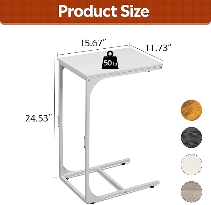 WLIVE C Shaped End Table, Small Couch Side Tables with Metal Frame, Sofa Table TV Tray for Living Room, Bedroom, White