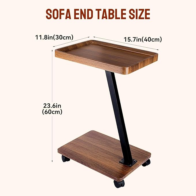 C Shaped End Table, C Shaped Side Table with Rolling Wheels, Side Table for Couches, Sofa Tables Slide Under Couch for Living Room, Over Couch TV Tray Table for Small Spaces(Walnut)