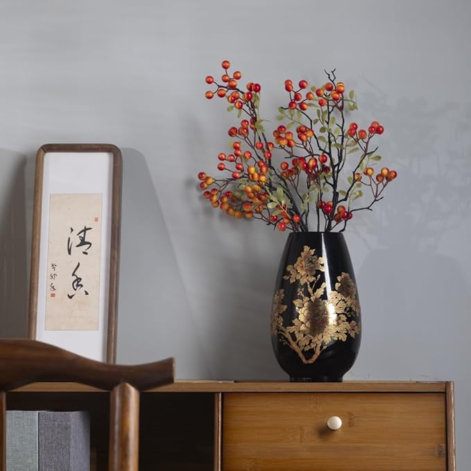 9 Inch Glossy Vintage Ceramic Vase with Floral Design, Flower Vases for Dining Table & Wedding Centerpiece, Handcrafted Home Decor, Boho Decoration for Living Room,Office, Entryway,Pampas Grass(Black)