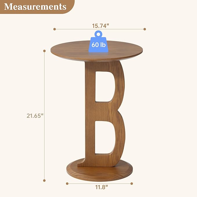 Aoligrace Round Side Table, Modern End Table with Letter B Leg, Wooden Accent Table for Couch Small Coffee Tables Nightstand for Small Spaces Living Room Bedroom