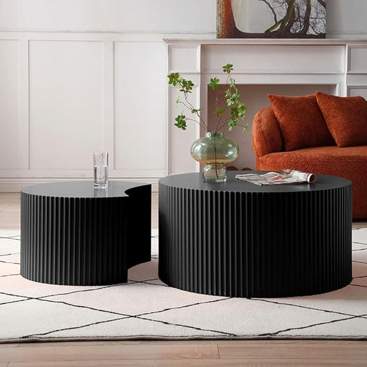 WILLIAMSPACE Nesting Coffee Table Set of 2, Round & Crescent Moon Wooden Coffee Tables, Modern Luxury Accent End Tea Table for Living Room Apartment (Black-Round)