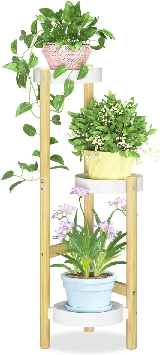 iDavosic.ly 3 Tier Bamboo Plant Stand Indoor Outdoor with Plastic Tray, Tiered Corner Flower Holder Shelf, Space Saving Orchid Display Rack for Patio Porch Living Room Garden Balcony, Natural White